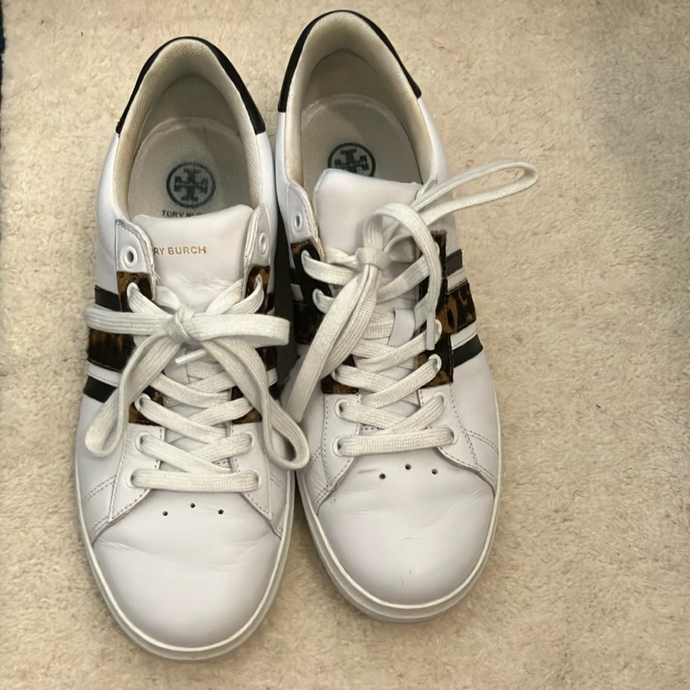 Tory Burch White and Leopard Print Sneakers